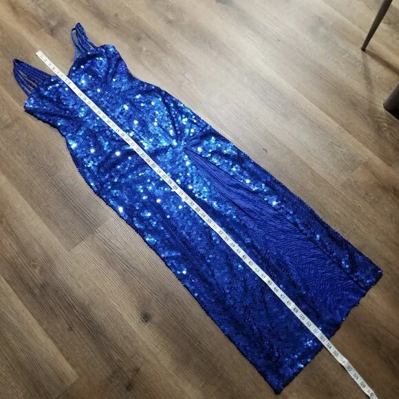 Sz 4 (fits modern size) Early 90s Vintage Niteline Royal Blue Sequin Gown Dress - Picture 11 of 12